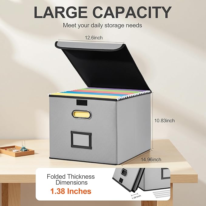 Collapsible File Box with Lid & Plastic Slide - Hanging Document Organizer for Office/Home, 14.96x12.6x10.83 Inch,Decorative Home File Bin,Light Grey,2 Pack (No Folders Included)