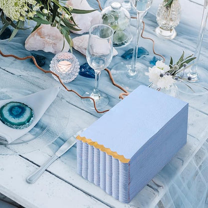 50 Pack Dinner Napkins Paper Decorative, Gold Foil Scalloped Edged Guest Napkins Disposable for Wedding, Shower Baby, Birthday Parties Supplies (4 x 8 In, Blue)