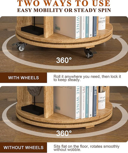 4-Tier Solid Wood Rotating Bookshelf on Wheels, 360° Spinning Book Shelf Tower, Round Revolving Bookcase Organizer, Rolling Bookshelves for Small Spaces, Corner, Bedroom, Kids Room, Office, Natural