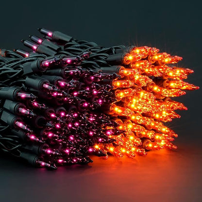 YULETIME 200 Orange & Purple Christmas Lights, Pack of 2 Strands of 21 ft 100 Count UL Certified Incandescent Mini String Light (Orange & Purple - Black Wire)