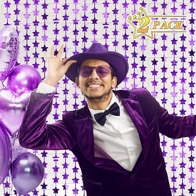 LOLStar 2Pack Purple Glitter Stars Birthday Decorations 3.3X6.6ft Each Lilac Purple Star Backdrop Foil Fringe Curtains for Girl, Graduation Engagement Wedding Baby Shower Disco Anniversary Party Decor