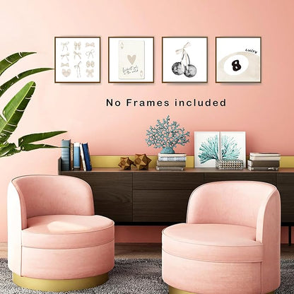 okaxscm Beige Coquette Trendy Preppy Wall Art Prints Set of 4, Coquette Room Decor, Preppy Room Decor Aesthetic, Beige Bow Disco 8 Ball Cherry Wall Decor Posters for Girls Bedroom Dorm,10x10 Unframed