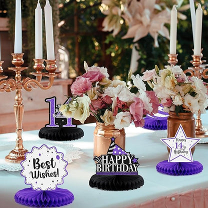 Happy 14th Birthday Decorations,14th Birthday Purple Glitter Shiny Stand Honeycomb Table Centerpieces - Cheers to Fourteen Years Old Birthday Party Photoprop Gift Sign.