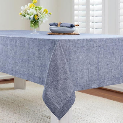 Solino Home Linen Tablecloth 60 x 108 Inch - 100% Pure Linen Chambray Indigo Table Cloth for Rectangle Tables - Athena, Machine Washable Tablecloth for Christmas, New Year