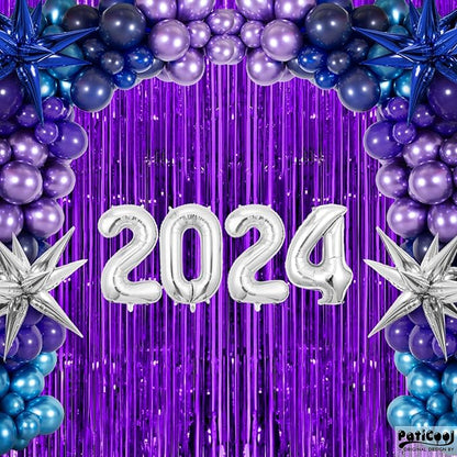 Thicken Purple Streamers 4 Pack 3.2 x 8.2 FT, Purple Birthday Decorations Tinsel Backdrop Curtains, Foil Fringe Photo Backdrop for Halloween, Graduation Party Decorations