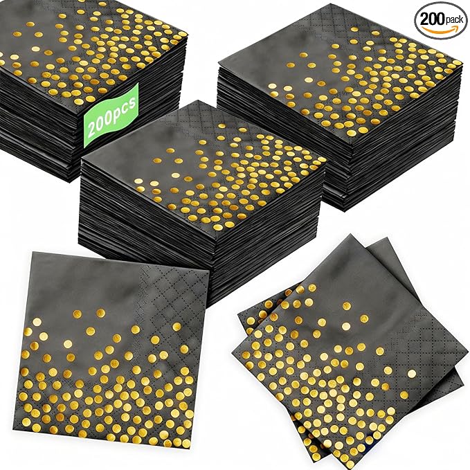 200 Pcs 6.5x6.5 Inch Disposable Black Gold Dot Paper Napkins