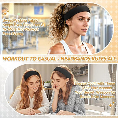 Black Headband for Women and Men - 8 Pcs Head Bands for Women's Hair Accessory Elastic Cloth Running Headbands for Workout Sport Valentines Day Gifts for Him Easter Basket Stuffers for Adult Woman