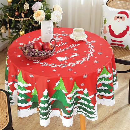 Eikione Christmas Tablecloth Round 70Inch Tableclothes, Christmas Tree+Santa Claus Table Cloth, Wipeable Table Cover for Picnic Party