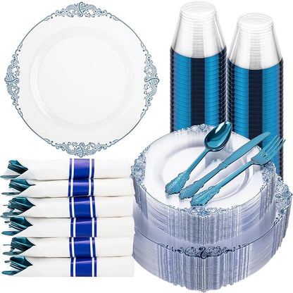 Hioasis 175pcs Clear Blue Plastic Plates - Elegant Disposable Dinnerware Set Suitable for 25 Guests Include 10.25" Dinner & 7.5" Dessert Plates, Pre Rolled Silverware Set, Cups for Party & Christmas