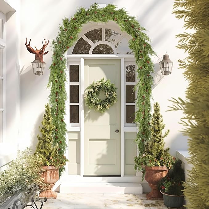 WBHome Real Touch Cypress Cedar & Pine Cone Evergreen Garland for Christmas Holiday Seasonal Outdoor/Indoor Home Decor, 6FT Long