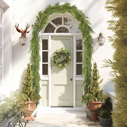 WBHome Real Touch Cypress Cedar & Pine Cone Evergreen Garland for Christmas Holiday Seasonal Outdoor/Indoor Home Decor, 9FT Long