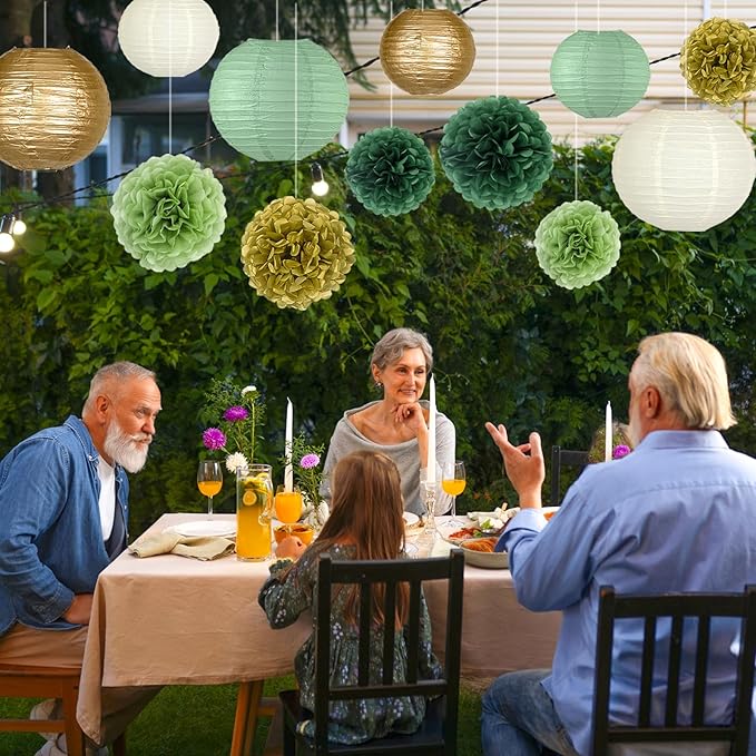 15pcs Hanging Party Decorations Set, Sage Green Gold Paper Flowers Pom Poms Balls and Paper Lanterns for Rustic Party Bridal Shower Wedding Sage Green Birthday Party Supplies