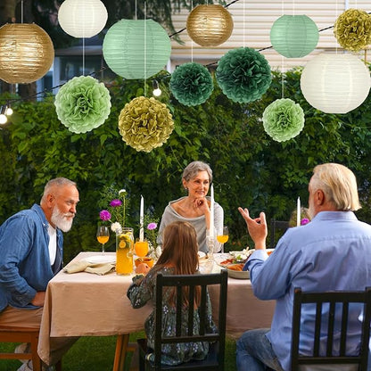 15pcs Hanging Party Decorations Set, Sage Green Gold Paper Flowers Pom Poms Balls and Paper Lanterns for Rustic Party Bridal Shower Wedding Sage Green Birthday Party Supplies