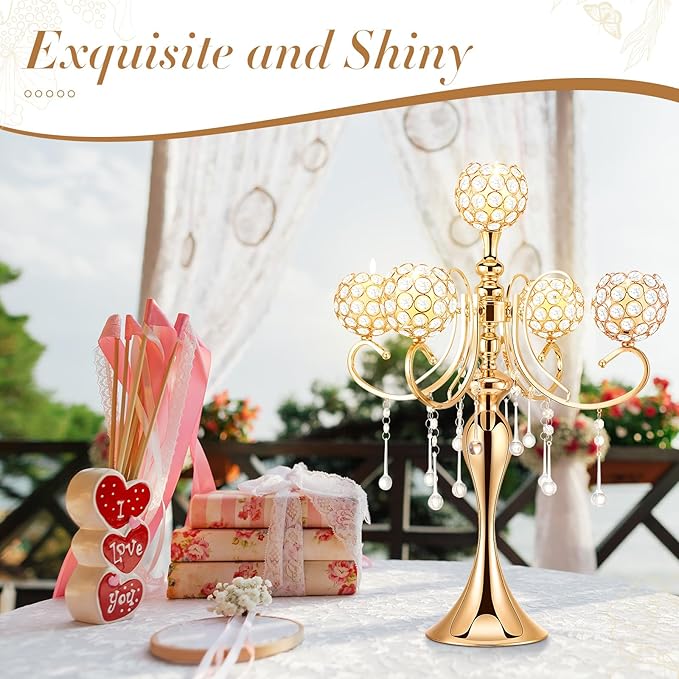Dandat 8 Pcs 25.6'' 5 Arm Candelabra Candle Holder Centerpieces for Table Gold Crystal Candlestick Holders Tall Candle Stand for Wedding Dinner Halloween Christmas Party Decoration