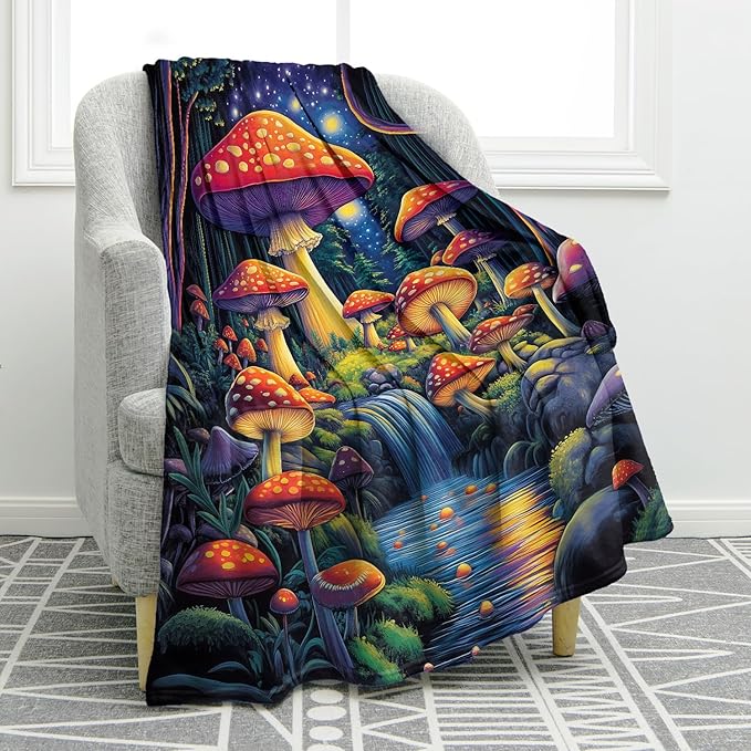 Jekeno Colorful Mushroom Forest Blanket Gifts for Women Kids Girls Boys Mom Wife Female Friends Halloween Birthday Fantasy Starry Sky Stream Home Bedroom Room Decor Throw 50"x60"