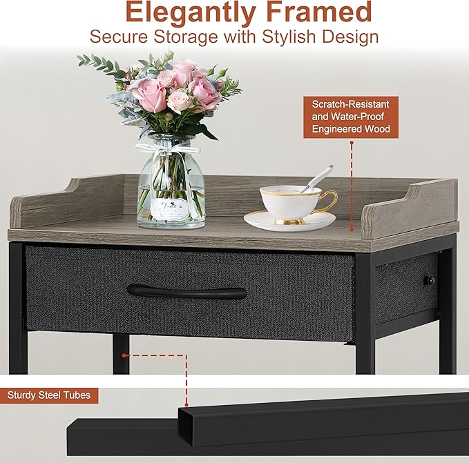4-Tier Tall Side Table with Optional Wheels, Narrow End Table with Drawer and Shelves, 30" High Small Storage Table for Living Room, Bedroom, Bathroom, Black & Grey