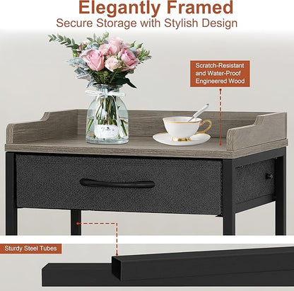 4-Tier Tall Side Table with Optional Wheels, Narrow End Table with Drawer and Shelves, 30" High Small Storage Table for Living Room, Bedroom, Bathroom, Black & Grey