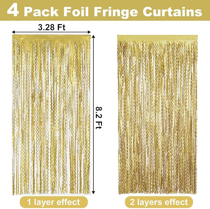 4 Pack Light Gold Fringe Curtain Backdrop 3.2Ft x 8.2Ft Metallic Tinsel Foil Fringe Streamers Background for Photo Booth Mother's Day, Easter, Carnival, Birthday, Wedding Party Decoration