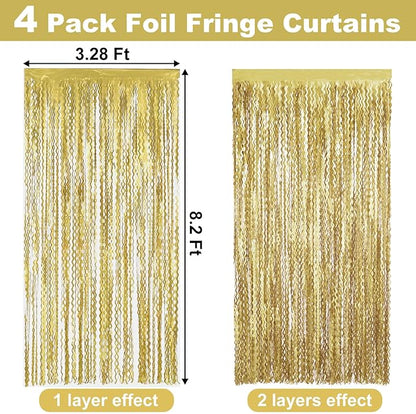 4 Pack Light Gold Fringe Curtain Backdrop 3.2Ft x 8.2Ft Metallic Tinsel Foil Fringe Streamers Background for Photo Booth Mother's Day, Easter, Carnival, Birthday, Wedding Party Decoration