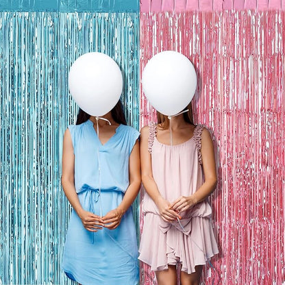 4 Pack 3.2Ft x 8.2Ft Pink Blue Fringe Curtain Backdrop, Metallic Tinsel Foil Fringe Streamers Curtains Background for Photo Booth Wedding Gender Reveal Backdrop Boy or Girl Birthday Party Decoration
