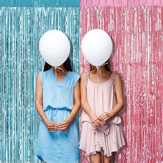 4 Pack 3.2Ft x 8.2Ft Pink Blue Fringe Curtain Backdrop, Metallic Tinsel Foil Fringe Streamers Curtains for Photo Booth Wedding Gender Reveal Backdrop Boy or Girl Birthday Party Decoration