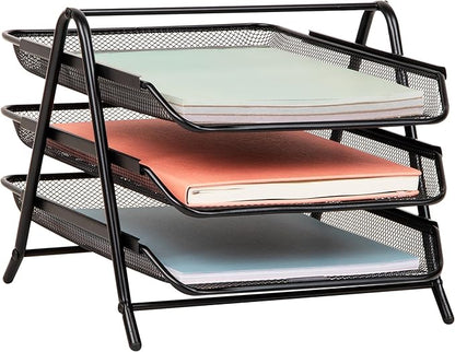 Mind Reader 3-Tier Paper Tray, Desktop Organizer, File Storage, Workspace, Office, Metal Mesh, 11.75"L x 13.75"W x 10"H, Black