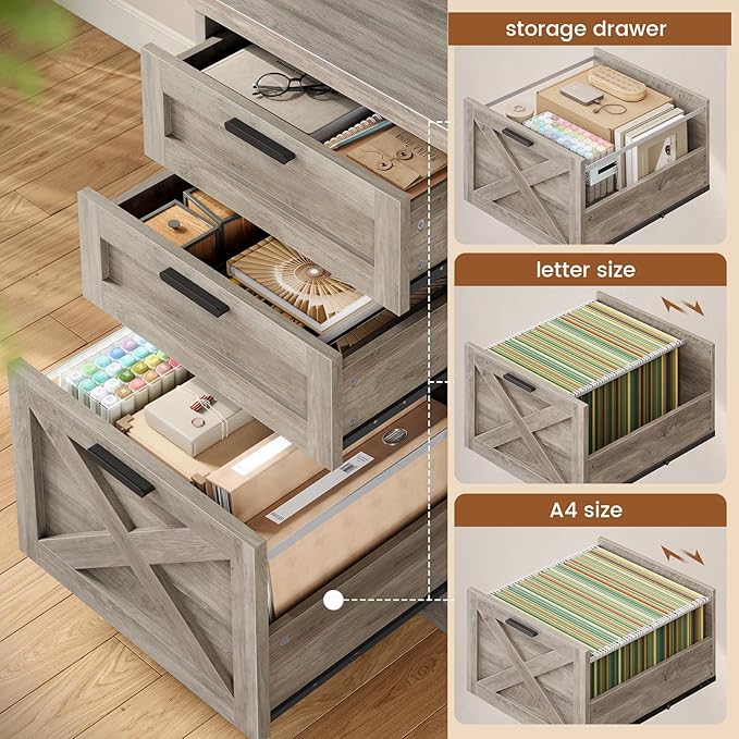 SEDETA 55.1" Executive Computer Desk with 3 Drawers, Farmhouse Office Desk with File Drawer & Storage Shelves, Executive Desk with Power Outlet for Home Office, Grey