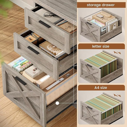 SEDETA 55.1" Executive Computer Desk with 3 Drawers, Farmhouse Office Desk with File Drawer & Storage Shelves, Executive Desk with Power Outlet for Home Office, Grey