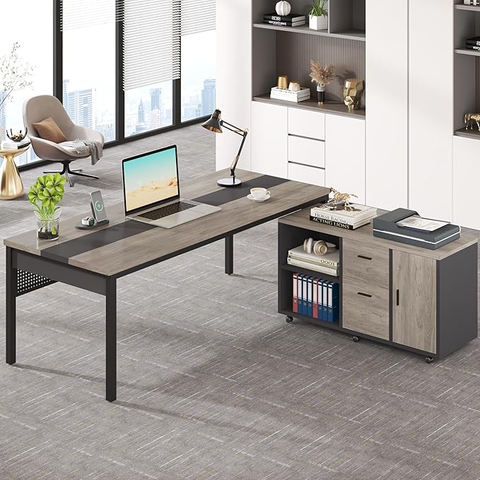 Tribesigns 71 inch Executive Desk, L-Shaped Desk with Mobile File Cabinet, Executive Office Table with 2 Drawers and Storage Shelves, Business Furniture Workstation for Home Office, Grey and Black