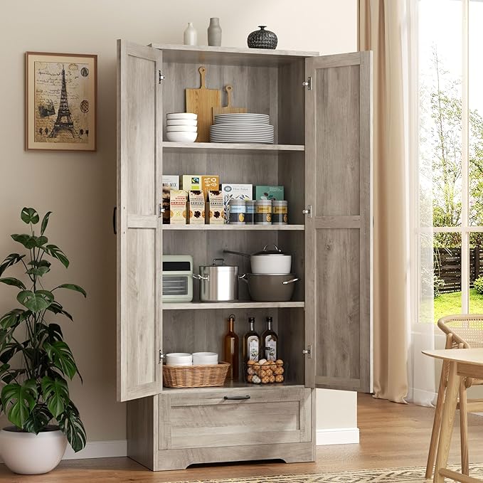 Vongrasig Kitchen Pantry Storage Cabinet with Barn Doors, Drawer and Adjustable Shelves, 4-Tier Tall Rustic Wood Cupboard Locker for Kitchen, Dining Room, Living Room, Bathroom, Rustic Grey