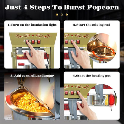 Vintage Commercial Popcorn Machine with Cart & Warmer Light - 12oz Stainless Steel Popper Makes 60 Cups for Home Theater and Parties, Red