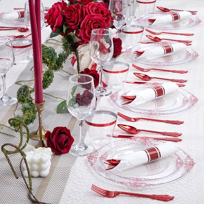 Hioasis 350pcs Clear Red Plastic Plates - Elegant Disposable Dinnerware Set Suitable for 50 Guests Include 10.25" Dinner & 7.5" Dessert Plates, Pre Rolled Silverware Set, Cups for Party & Wedding