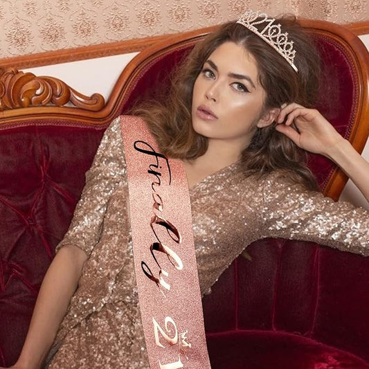 CIEHER Rose Gold 21st Birthday Sash, Tiara and Decorations - Elegant 21 Year Old Birthday Gift Set