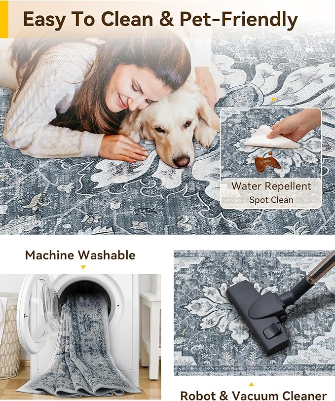 Area Rugs 2'x10' Runner Rug Non Slip Washable for Kitchen Hallway Bedroom Beside Laundry Room Bathroom Rug, Floor Carpet, Light Gray Grey White