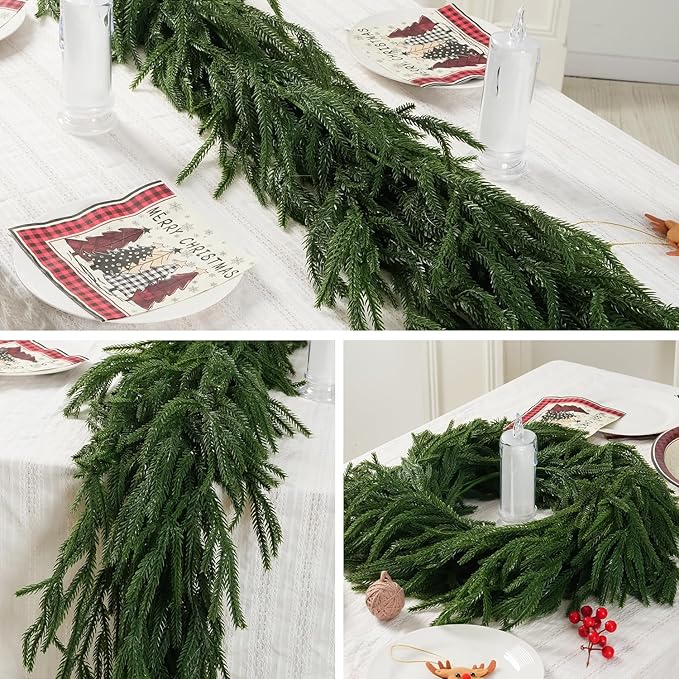 Christmas Norfolk Pine Garland, 2PCS 6Ft Real Touch Artificial Pine Greenery Christmas Garlands for Table Fireplace Wall Home Indoor Outdoor Decoration