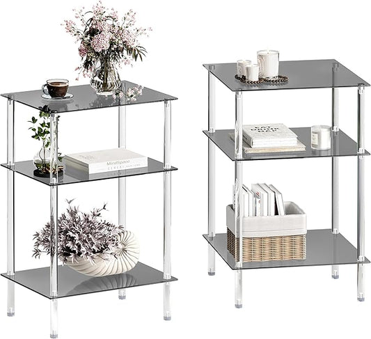 Tempered Glass Side Tables Set of 2 Acrylic End Table with 3 Storage Shelve transparent Bedside simplicity clear 3-Tier Nightstands for small Spaces Office Bedroom Living Room Study black ET-008BK3T