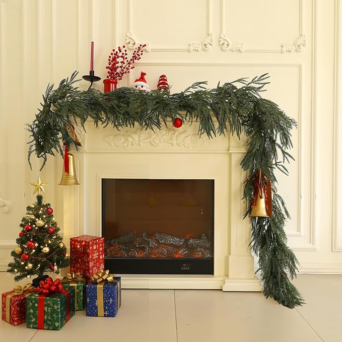 Norfolk Pine Garland Artificial Real Touch Green Thick Faux Norfolk Pine & Cedar 6FT Greenery Christmas Decor for Mantle Fireplace Wall Table Railings Indoor Outdoor Xmas Decorations