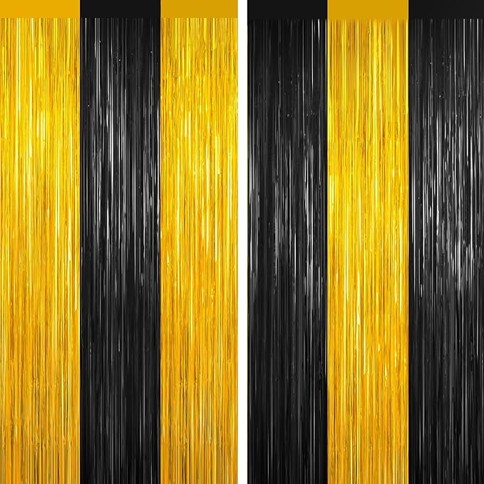 Black and Gold Tinsel Backdrop Foil Fringe Curtains - 2 Packs Door Streamers Backdrop for Birthday Door Decorations, Party Supplies for Bachelorette, Graduation, Christmas, Disco Decor