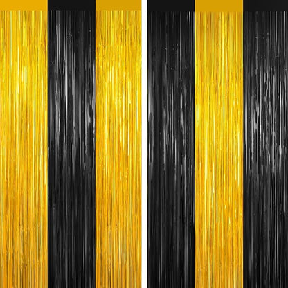 Black and Gold Tinsel Backdrop Foil Fringe Curtains - 2 Packs Door Streamers Backdrop for Birthday Door Decorations, Party Supplies for Bachelorette, Graduation, Christmas, Disco Decor