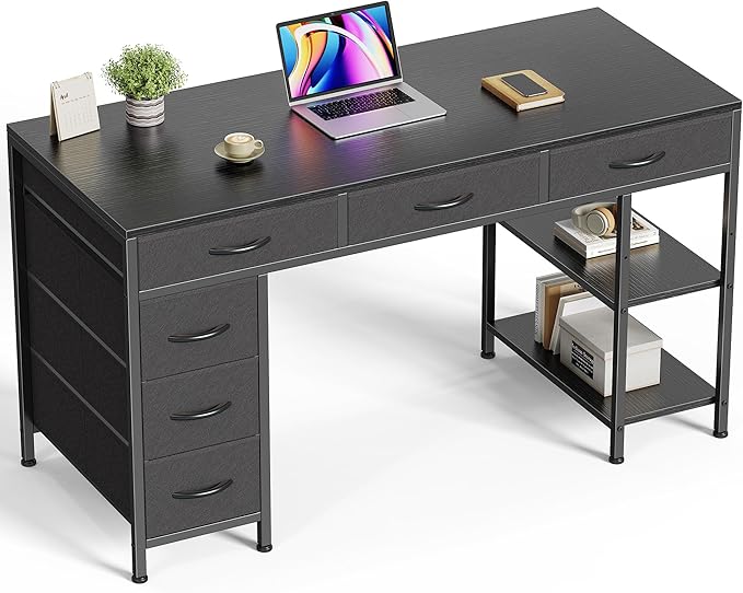 Huuger Computer Desk with 6 Drawers, Office Desk with Shelves, Reversible Gaming Desk, Corner Desk with Storage, Work for Home Office, Study, Living Room, 47inch, Black