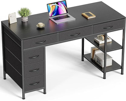 Huuger Computer Desk with 6 Drawers, Office Desk with Shelves, Reversible Gaming Desk, Corner Desk with Storage, Work for Home Office, Study, Living Room, 47inch, Black