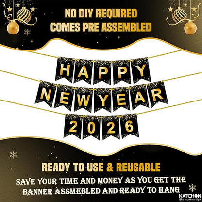 KatchOn, Happy New Year Banner - Large 10 Feet | New Year Sign for New Years Decorations 2026 | New Year's Garland for New Years Eve Party Supplies 2026 | NYE Decorations 2026