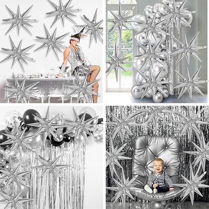 Silver Star Balloons,9Pcs 22Inch Silver Explosion Spike Cone Helium Polyester Film Star Foil Balloons for Birthday Anniversary Baby Shower Wedding New Year Disco Party Decorations