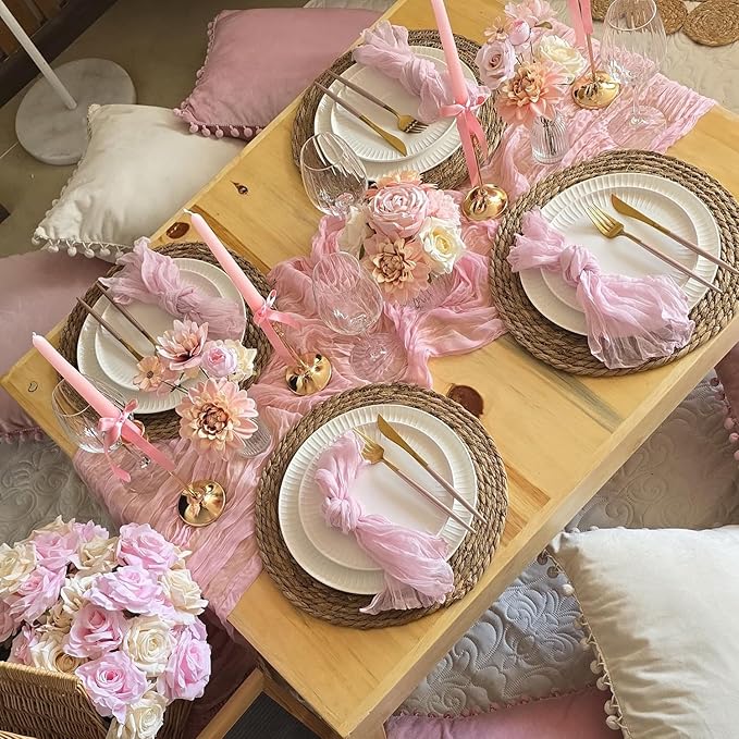 12 Pack Light Pink Table Runner Cheesecloth Rustic Sheer Gauze Table Runner 35x120 Inch for Wedding Baby Shower Bridal Shower Party Fall Thanksgiving Home Decorations