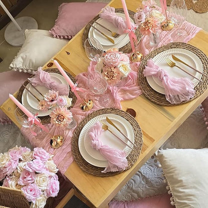 12 Pack Light Pink Table Runner Cheesecloth Rustic Sheer Gauze Table Runner 35x120 Inch for Wedding Baby Shower Bridal Shower Party Fall Thanksgiving Home Decorations