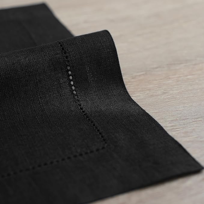 Solino Home Black Linen Napkins Set of 6-100% Pure Linen Hemstitch Dinner Napkins 20 x 20 Inch for Fall, Autumn, Winter, Christmas, Holiday, New Year - Classic Hemstitch