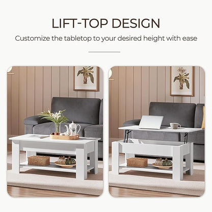 Yaheetech Lift Top Coffee Table w/Hidden Storage Compartment and Storage Shelf - Lift Tabletop for Living Room Reception Room, White