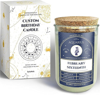 Birthday Candles - Custom Birthdate Astrological Zodiac Scented Candles. Astrology Gifts. All Natural Soy Wax. 75+ Hour Burn Time. Made in USA - February 16