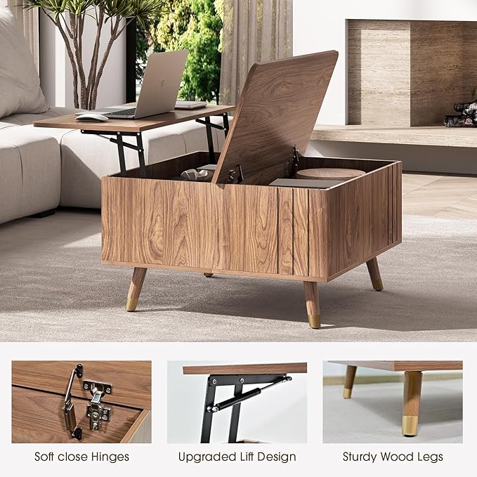 32" Square Lift Top Coffee Table with Storage,Mid Century Modern Walnut Center Table with Rising Desktop for Living Room, Brown Wood Finish