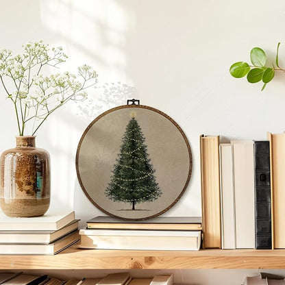 MOTERMATE Vintage Christmas Tree Wall Art Decor Round Framed, Christmas Canvas Wall Art Artwork Prints, Rustic Neutral Winter Xmas Tree Hanging Decor Decorations for Home Living Room, 10x10 Inch
